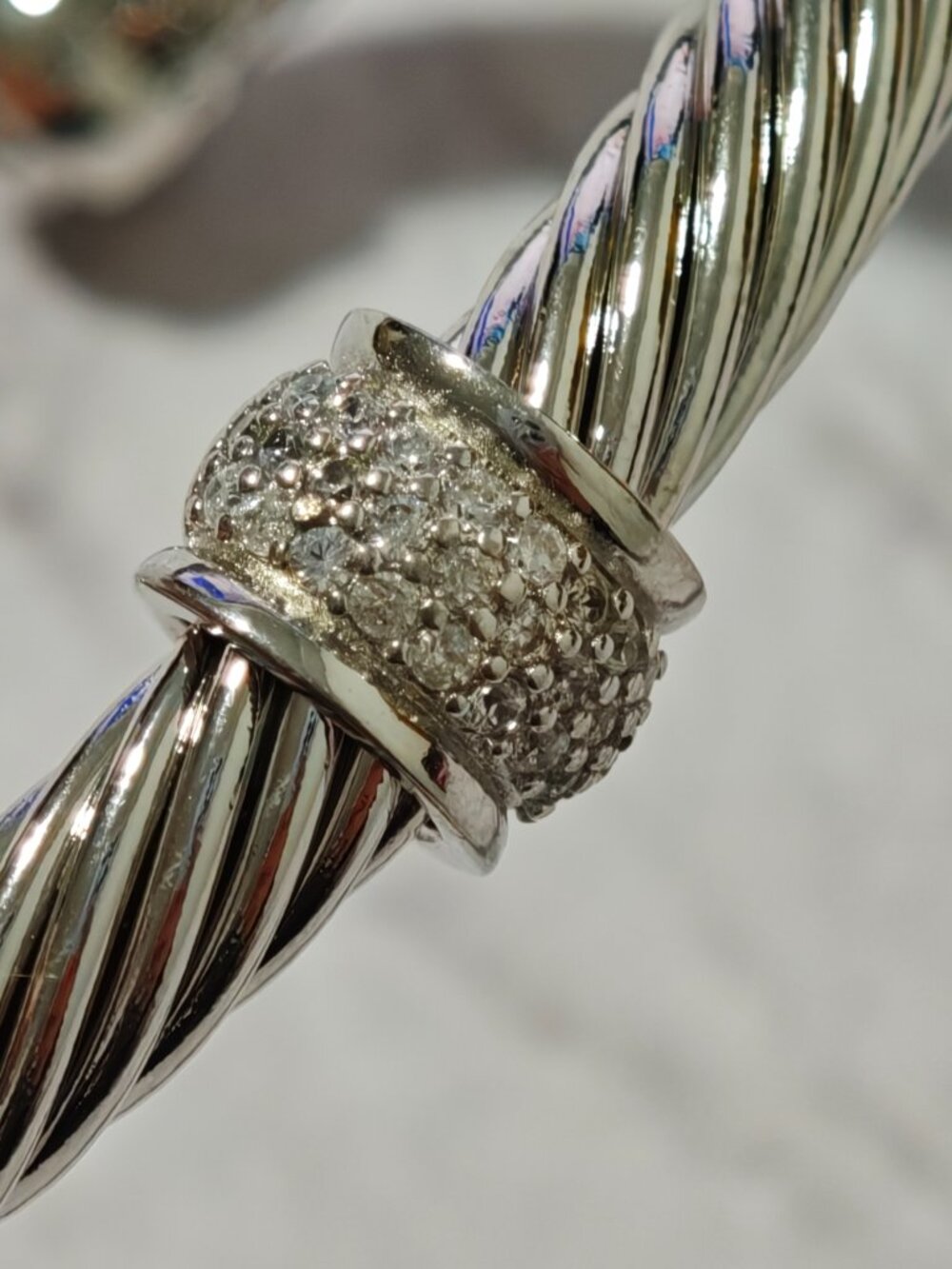 **Sterling Silver Cable Cuff Bracelet with CZ Crystal Station, Open Bangle** - Picture 6 of 7